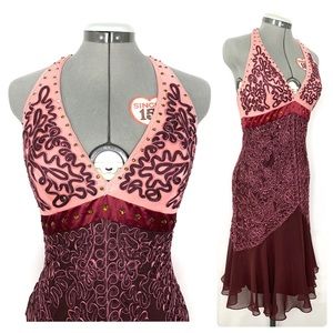 •SUE WONG• Embroidered Ruffle Hem Halter Dress